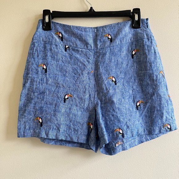 Boden 100% Linen Hornsea Linen Shorts Chambray with Toucans Womens Size 2 Blue - Picture 1 of 9